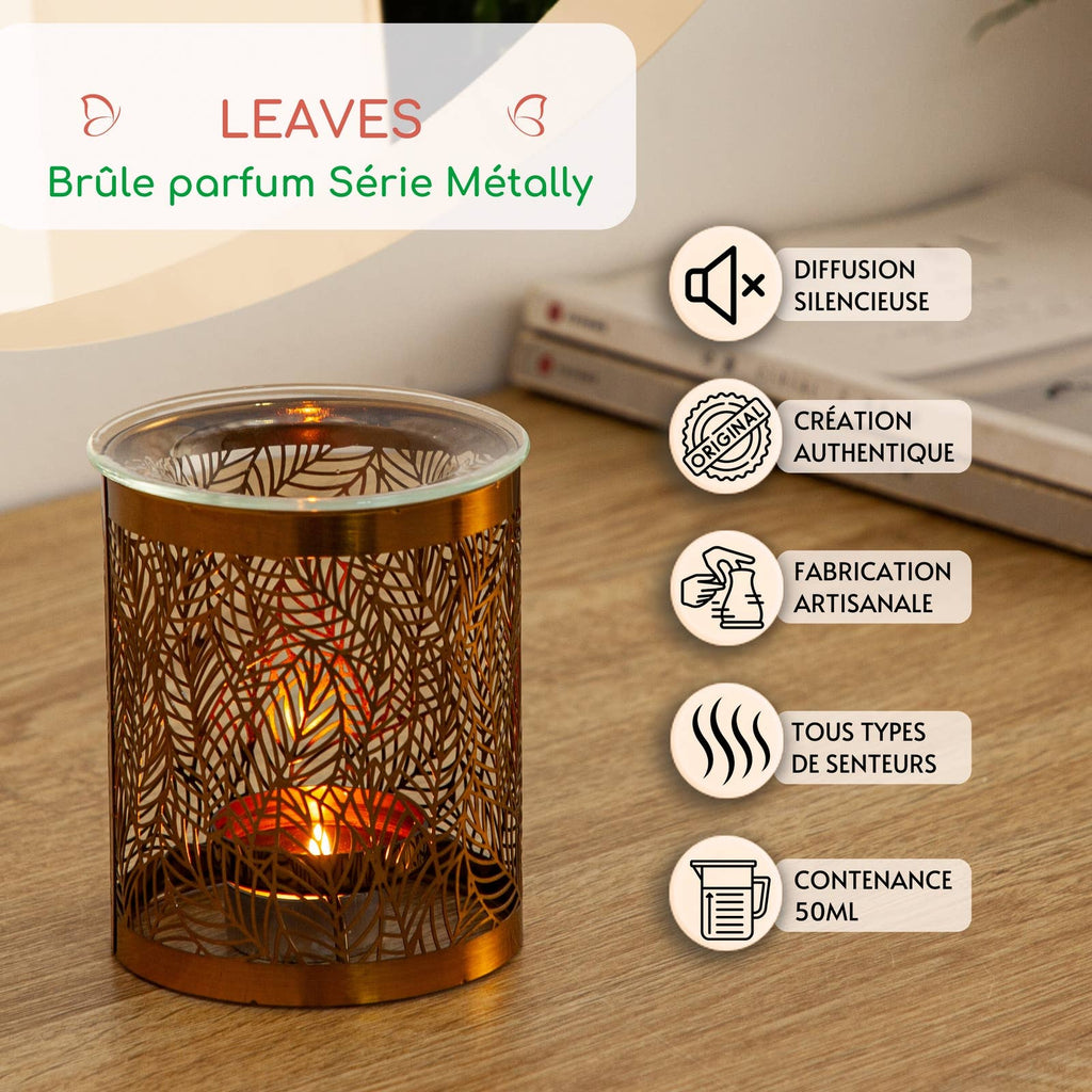 Brûle-parfum Leaves – Motif Original en Métal Ajouré & Verre