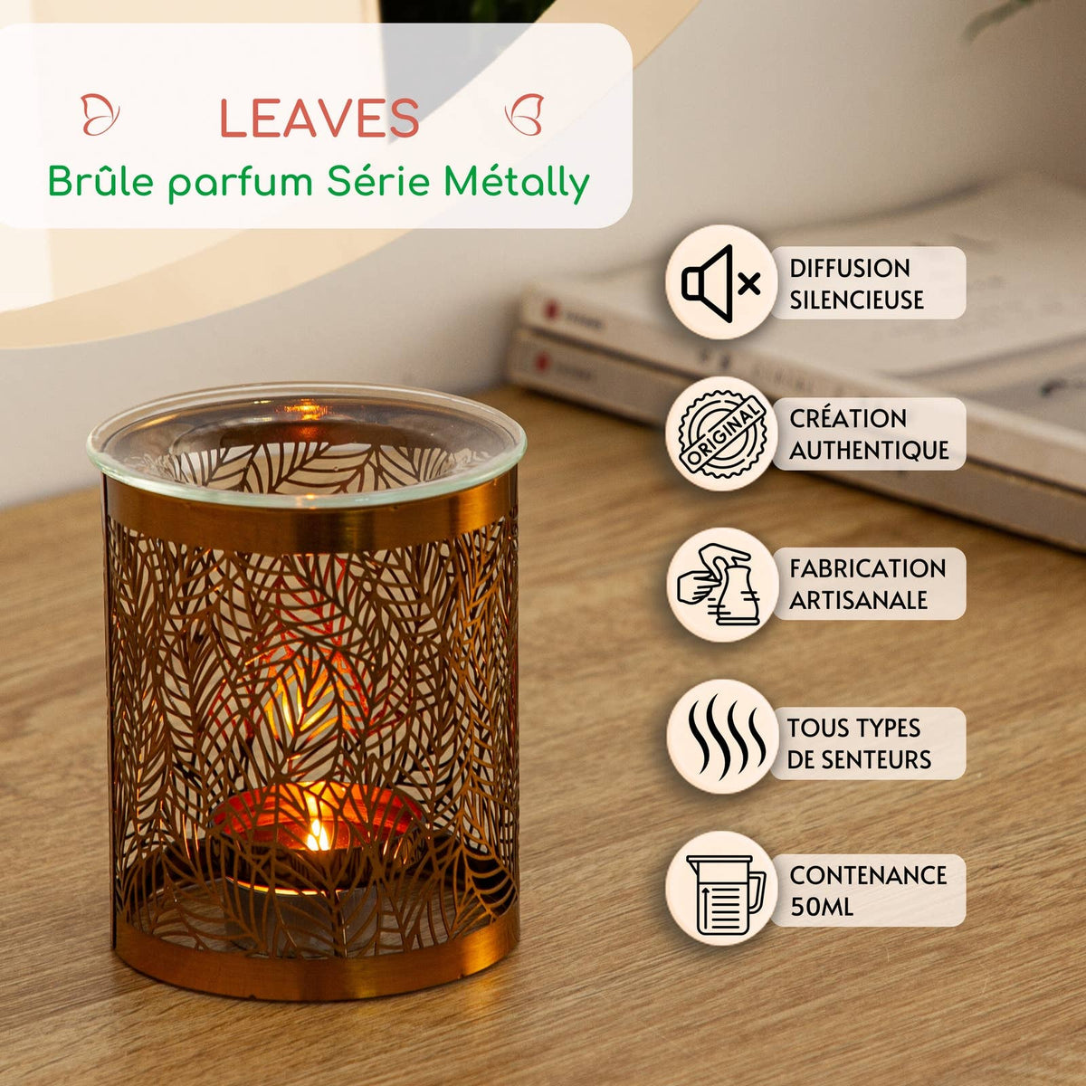 Brûle-parfum Leaves – Motif Original en Métal Ajouré & Verre