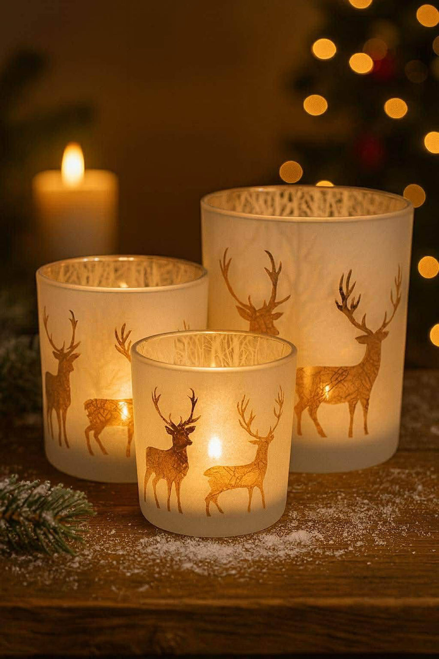 Trio de photophores Cerf – blanc & doré