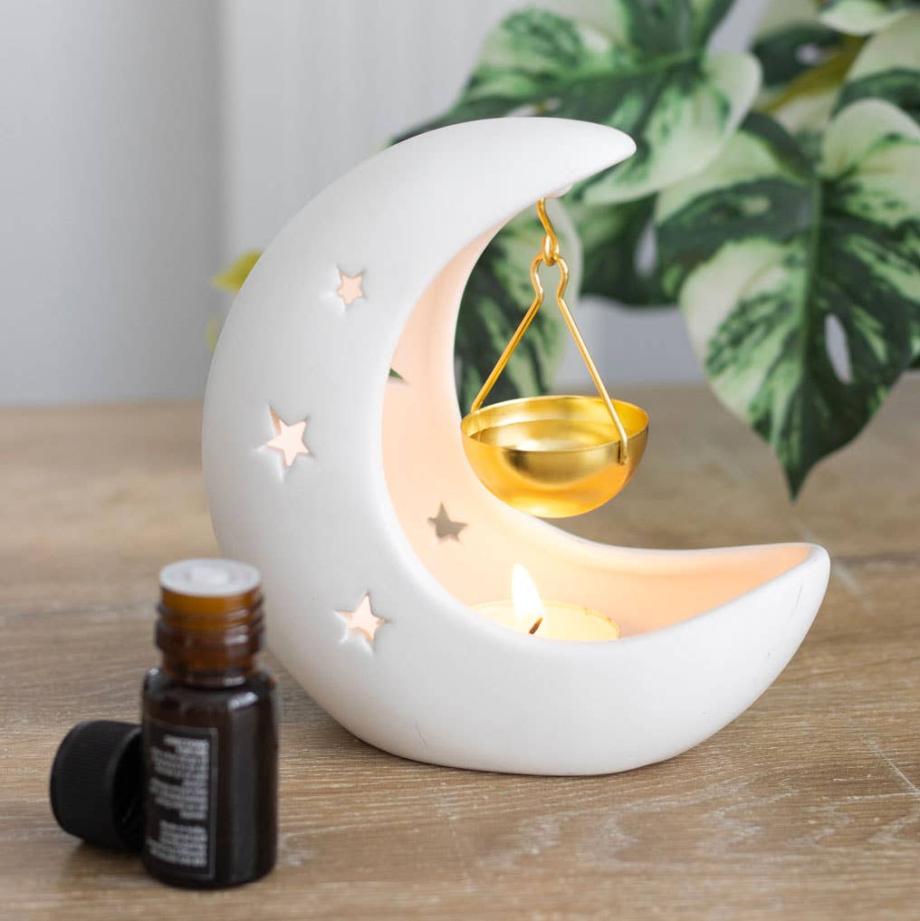 Brûle-parfum White Crescent Moon avec plat en métal